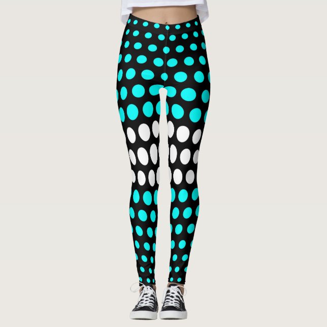 Cyan and White Polka Dot Pattern Leggings (Front)