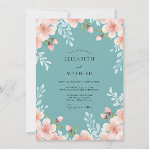 Cyan Apricot Leafy Wedding Invitation