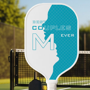 Cyan Best Couples with Monogramed initials w grid Pickleball Paddle