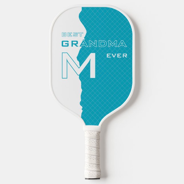 Cyan Best Grandma with Monogramed initials w grid Pickleball Paddle (Front)