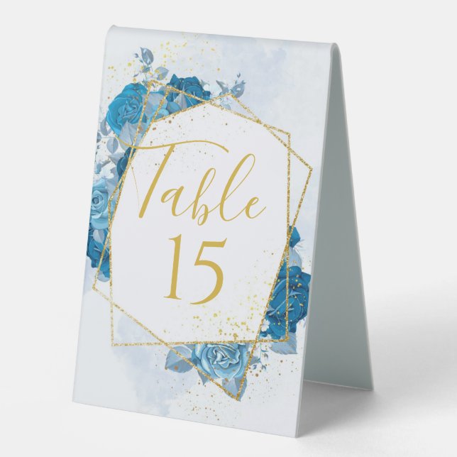 Cyan Blue and Gold Geometric Floral Wedding Table (Front)