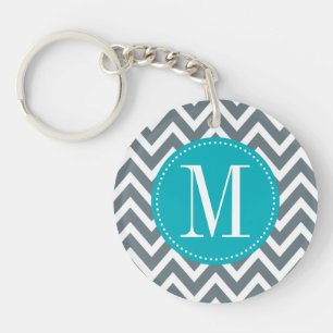 Cyan Blue and Grey Chevron Custom Monogram Key Ring