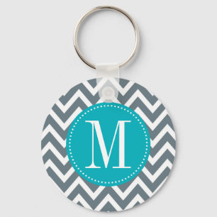 Cyan Blue and Grey Chevron Custom Monogram Key Ring