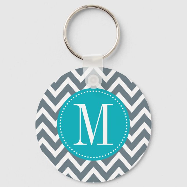 Cyan Blue and Grey Chevron Custom Monogram Key Ring (Front)