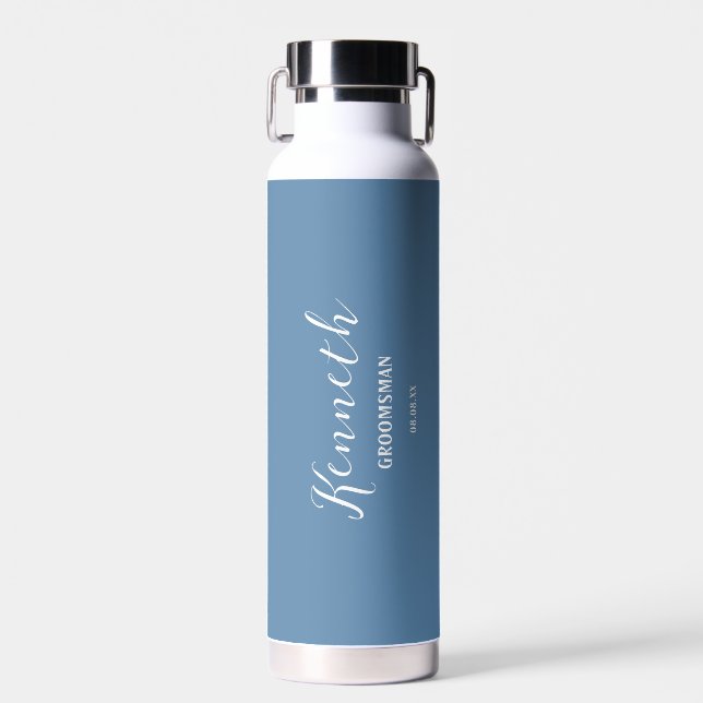  Cyan Blue and White Modern Monogram Bachelor Water Bottle (Front)