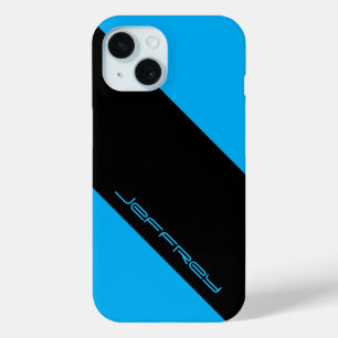 Cyan Blue & Black, One Stripe Minimalist, Name iPhone 15 Case
