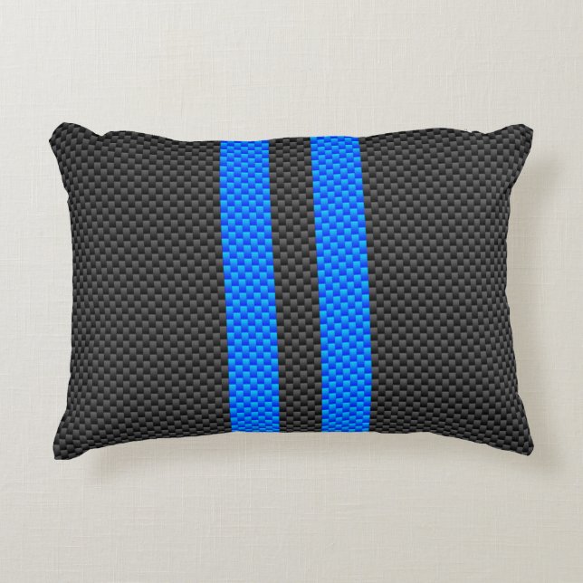 Cyan Blue Carbon Fibre Style Racing Stripes Decorative Cushion (Front)