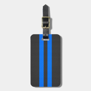 Cyan Blue Carbon Fibre Style Racing Stripes Luggage Tag