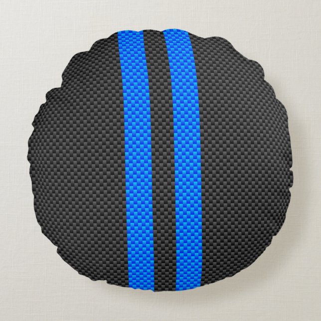 Cyan Blue Carbon Fibre Style Racing Stripes Round Cushion (Front)