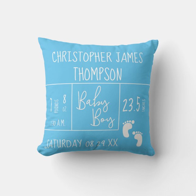 Cyan Blue Custom Baby Boy photo Birth stat Cushion (Front)