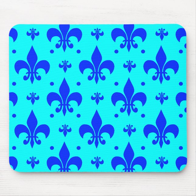 Cyan Blue Fleur-de-lis Pattern Design  Mouse Mat (Front)