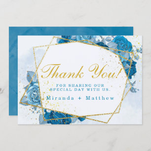 Cyan Blue Floraks And Gold Wedding Thank You Cards
