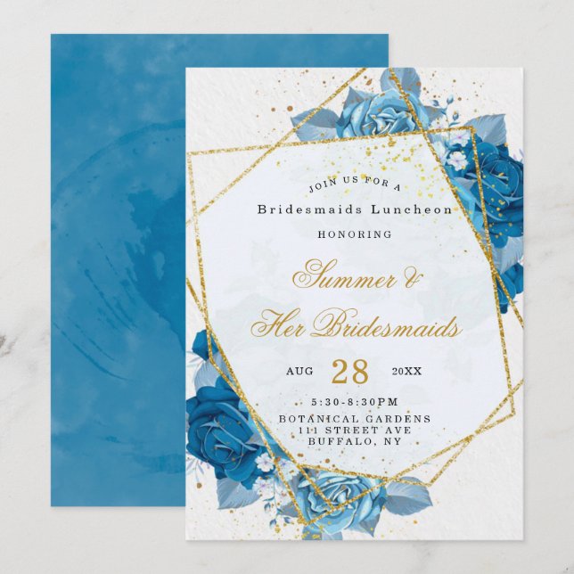 Cyan Blue Floral Geometric Bridesmaids Luncheon Invitation (Front/Back)