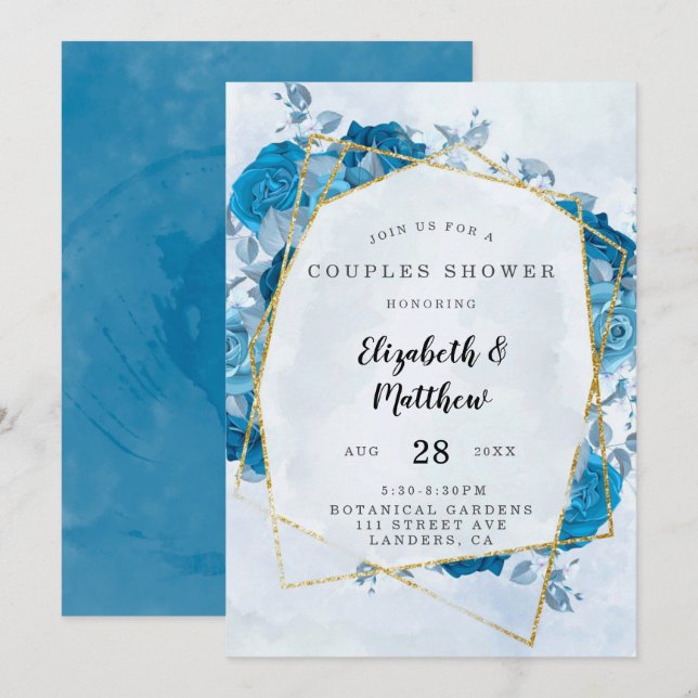 Cyan Blue Gold Geometric Couples Shower Invitation (Front/Back)