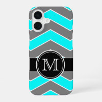 Cyan Blue, Grey, Black Chevron, Monogrammed