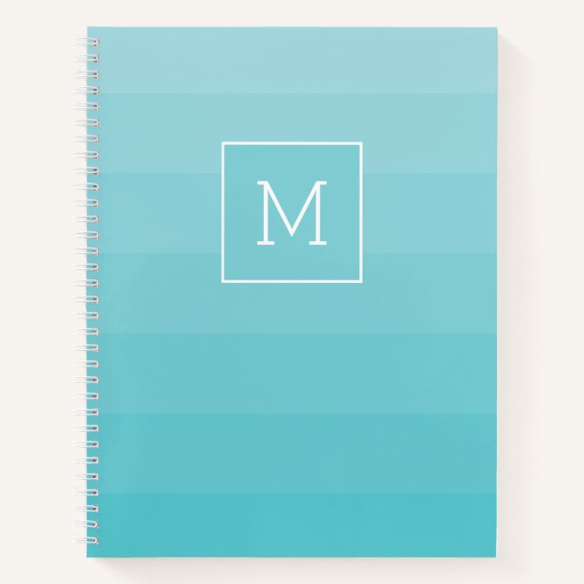 Cyan Blue Shades Horizontal Stripes Monogram Notebook (Front)