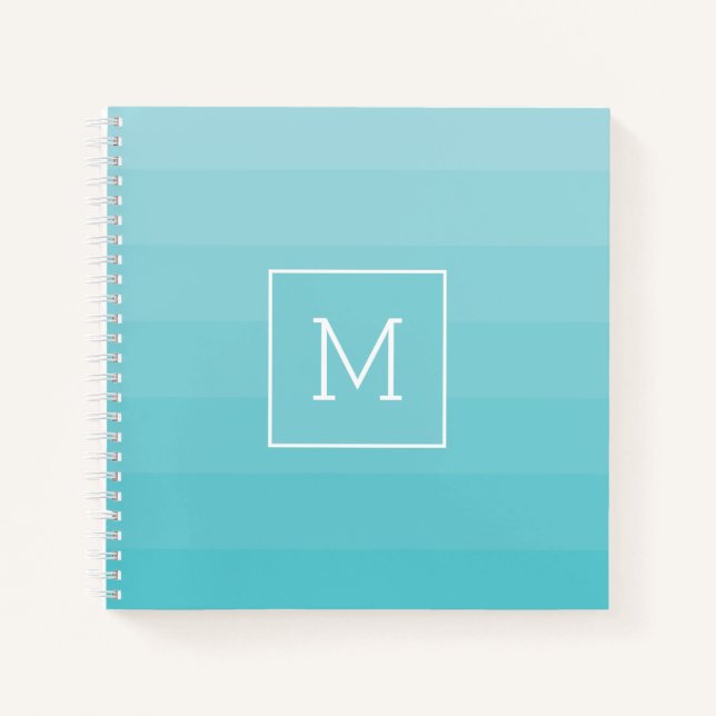 Cyan Blue Shades Horizontal Stripes Monogram Notebook (Front)