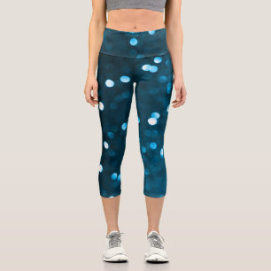 Cyan Blue Sparkly Bokeh Abstract Capri Leggings