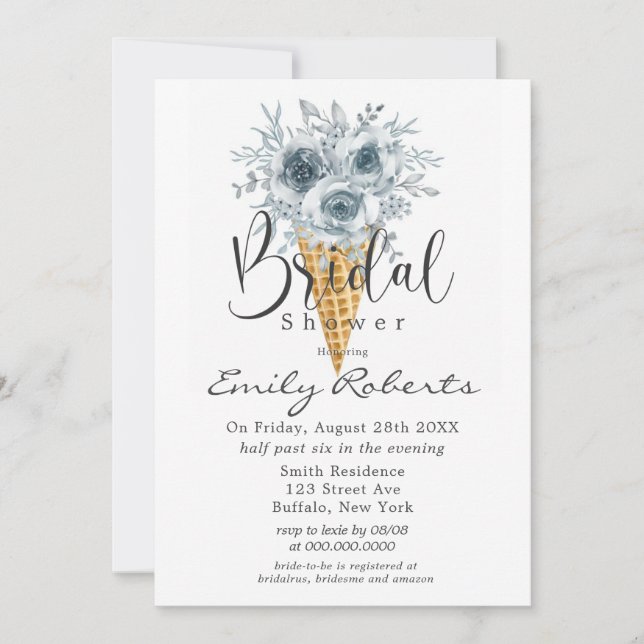 Cyan Blue Tan Peony Ice Cream Cone Bridal Shower I Invitation (Front)