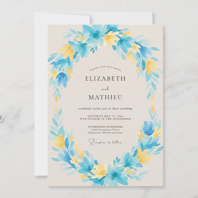 Cyan Butter Wreath Wedding Invitation (Front)