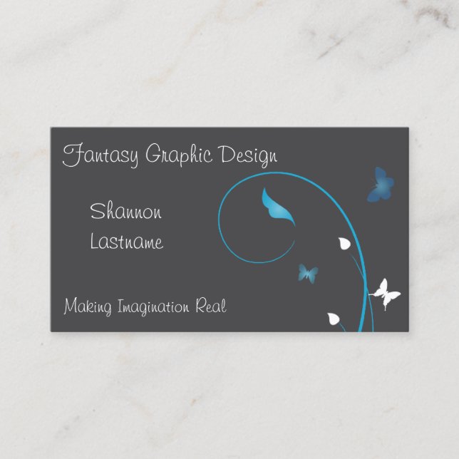 Cyan Butterflies and Leaves on Grey Business Card (Front)