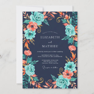 Cyan Coral Petal Wedding Invitation