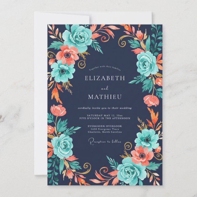 Cyan Coral Petal Wedding Invitation (Front)