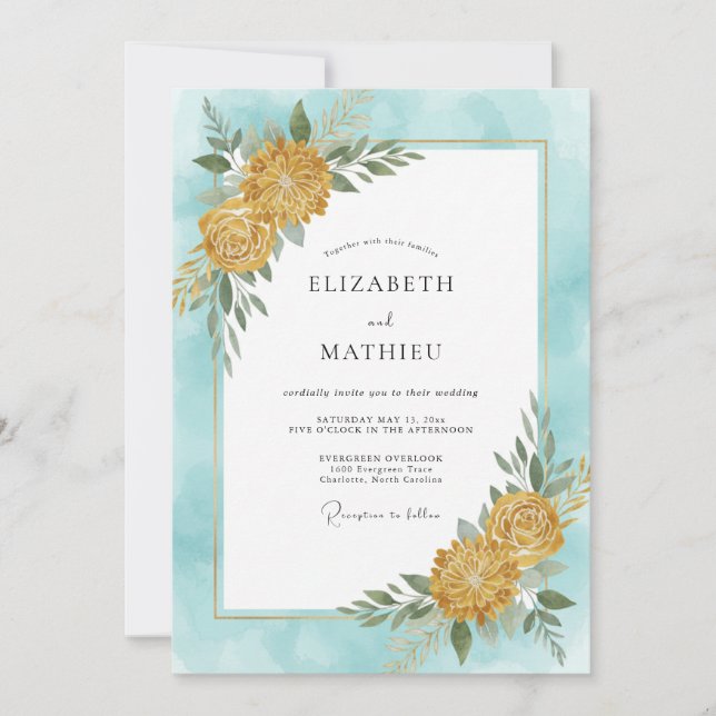 Cyan Gold Dahlia Wedding Invitation (Front)