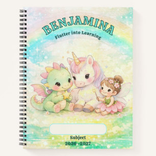 Cyan Gold Unicorn Fairy Dragon Rainbow School Notebook