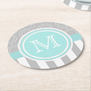 Cyan, Grey And White Motif Sriped Monogram Coaster
