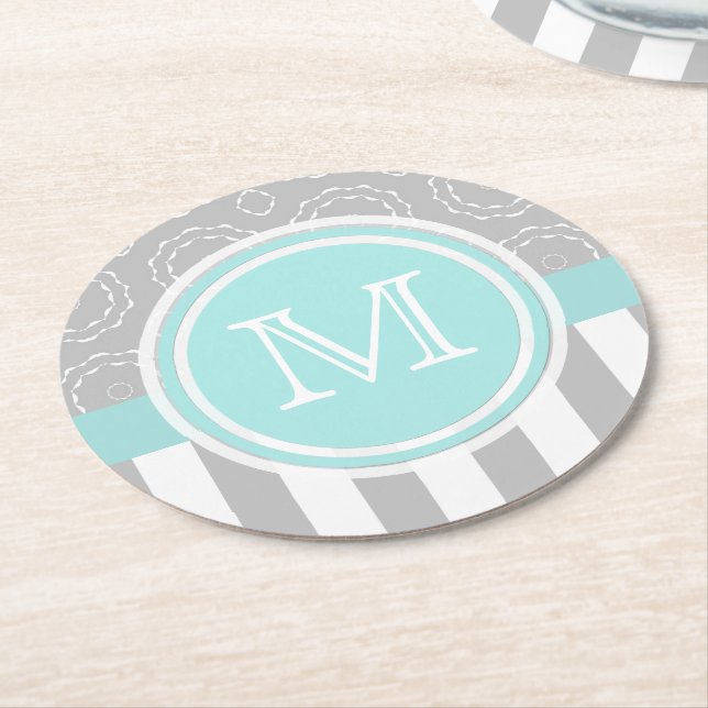 Cyan, Grey And White Motif Sriped Monogram Coaster (Angled)