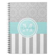 Cyan, Grey & White Striped/Motif Monogram Notebook