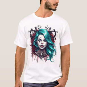 Cyan Haired Clown Queen - Spooky Chic Graphic T-Shirt