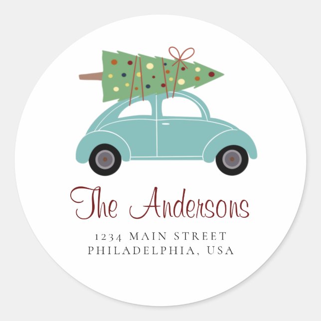 Cyan Holiday Car with Christmas Tree Address Classic Round Sticker (Front)