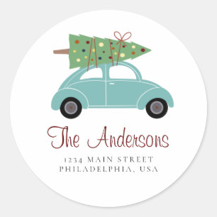 Cyan Holiday Car with Christmas Tree Address Classic Round Sticker