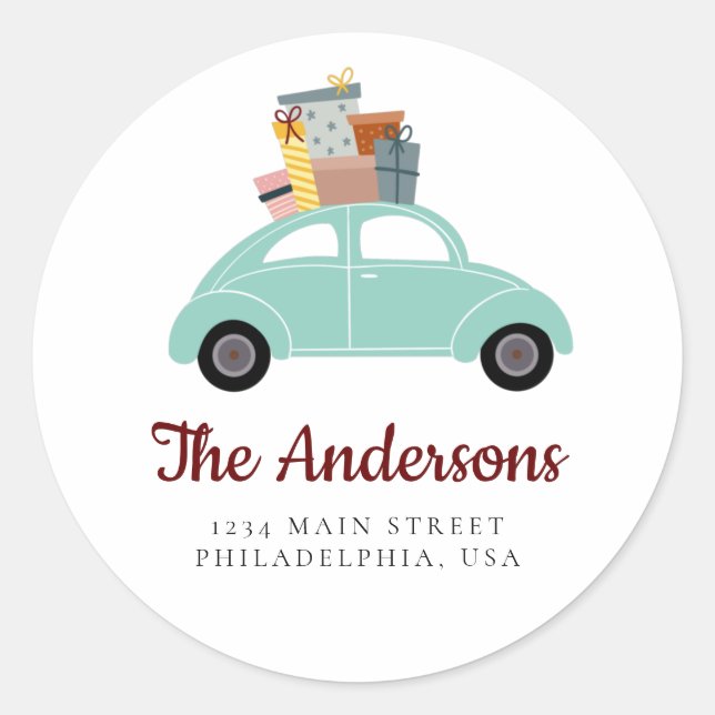 Cyan Holiday Car with Stack of Gifts Address Classic Round Sticker (Front)