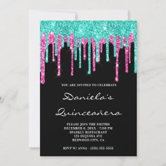 Cyan Hot Pink Glitter Drips Black Quinceañera Invitation