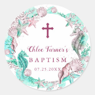 Cyan & Lavender Under the Sea Baptism Classic Round Sticker