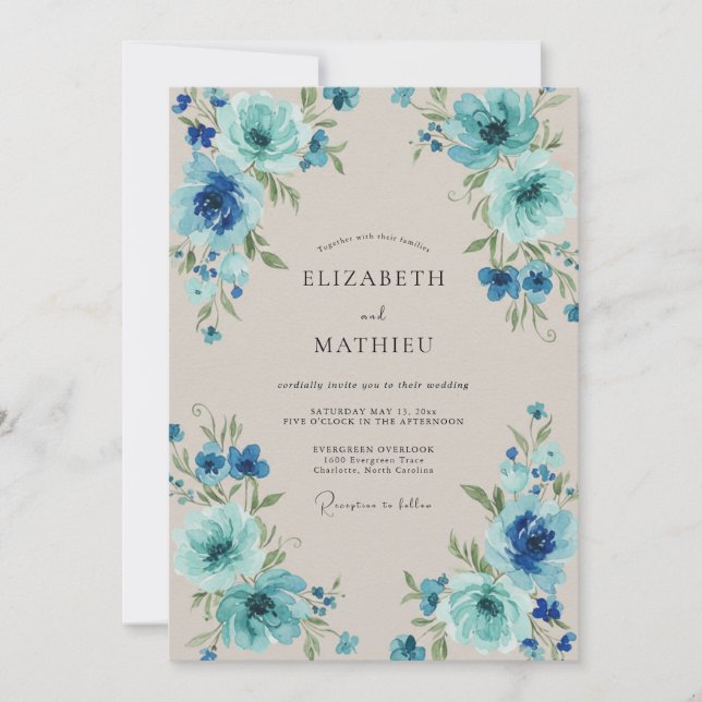 Cyan Leafy Sand Wedding Invitation (Front)