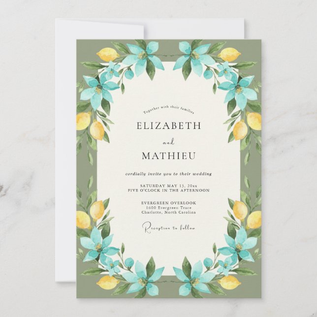 Cyan Lemon Citrus Eucalyptus Wedding Invitation (Front)