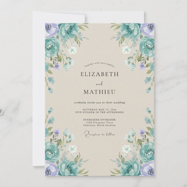 Cyan Lilac Painted Wedding Invitation (Front)