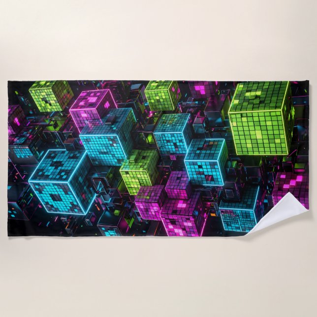Cyan Magenta Lime Cyberpunk | Extremely 3D  Beach Towel (Front)