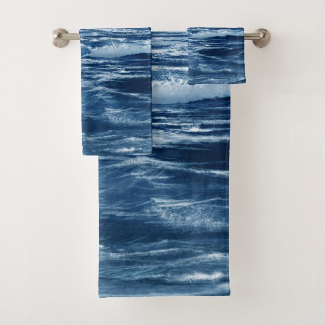 Cyan Navy Blue Night Sea Ocean  Bath Towel Set (Insitu)