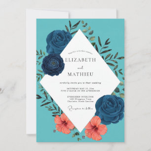 Cyan Navy Hibiscus Eucalyptus Wedding Invitation