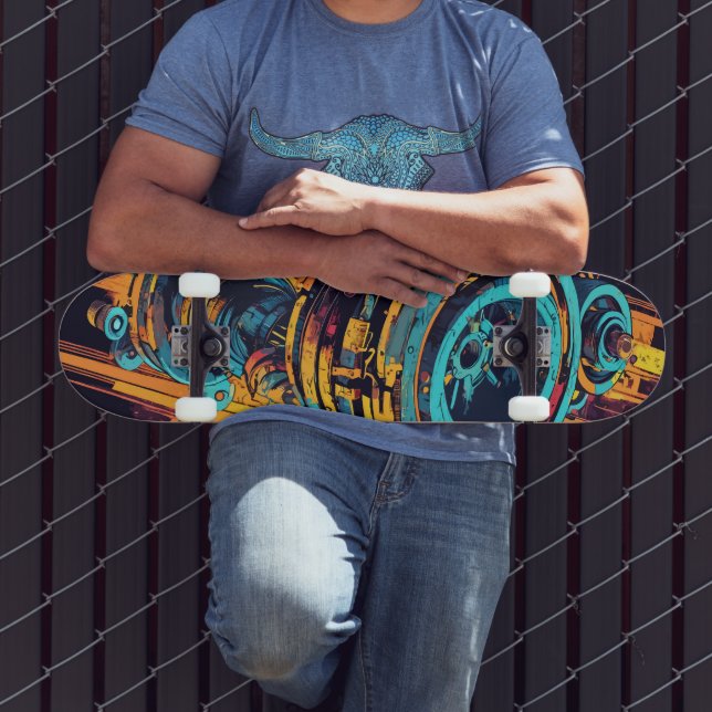 Cyan Orange Cyberpunk Industrial Turbine Grunge Skateboard (Outdoor 3)