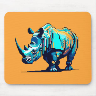 Cyan Orange Pixel Art Rhino Retro Gamer Mouse Mat