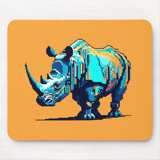 Cyan Orange Pixel Art Rhino Retro Gamer Mouse Mat (Front)