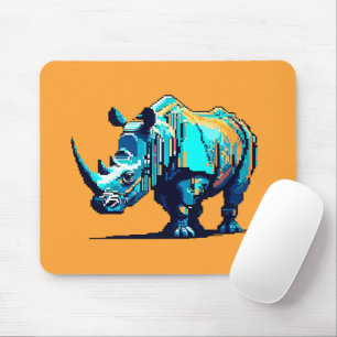 Cyan Orange Pixel Art Rhino Retro Gamer Mouse Mat