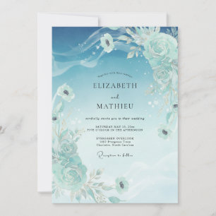 Cyan Painted Bloom Wedding Invitation