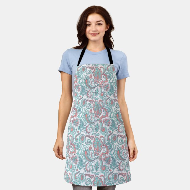 Cyan pink beautiful vintage ornamental pattern apron (Worn)